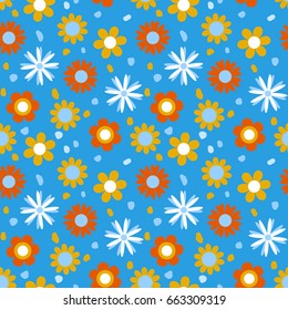Kids seamless pattern with cute flowers on a blue background, vector.  Good for fabric, wallpaper, festive decor, baby room decoration, surface coating, gadgets, baby products and more