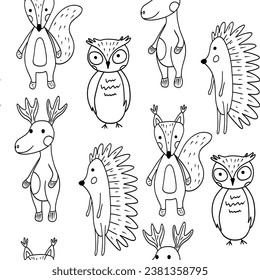 Kids seamless pattern with cute forest wild animal in doodle style