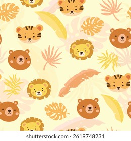 Patrón sin fisuras para niños, lindo animal forestal León Oso Tigre Hojas tropicales Patrón sin fisuras, papel, textil, tela, embalaje - Ilustración vectorial
