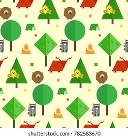 Kids seamless pattern with cute forest geometrical animals made of different shapes. Round bear, rectangular raccoon, triangular fox. Nice flat wild animals texture for textile, wrapping paper