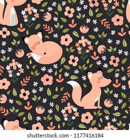 Kids seamless pattern with cute foxes, leaves and flowers on black. Trendy background in bright colors in vector.