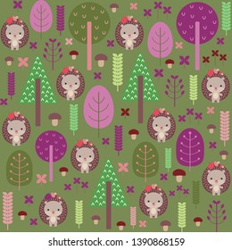 Kids seamless pattern. Cute hedgehog smile. Woodland animal. Forest green background. Pink and purple plants. Cartoon childish style. Swatch tile. Wallpaper or textile fabric. Children print design.
