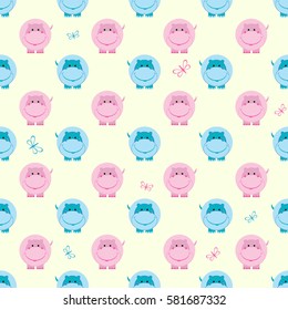 kids seamless pattern cute hippo vector illustration