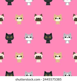 Kids seamless pattern cute kitten cats hand drawn pink background vector illustration