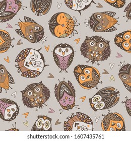 Kids seamless pattern with cute owls.