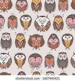 Kids seamless pattern with cute owls.