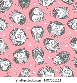 Kids seamless pattern with cute owls.