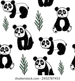 Kids seamless pattern with cute panda and bamboo