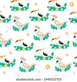 Kids seamless pattern with cute parrot and toucan. Children wallpaper for playroom and bedroom