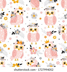 Kids seamless pattern with cute pink owls and flowers in cartoon style. Creative vector childish background for fabric, textile or wrapping paper.