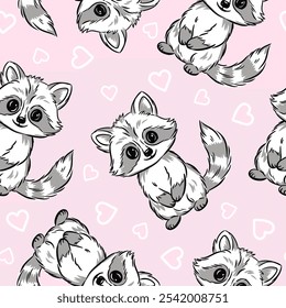 Kids seamless pattern cute raccoon cartoon characters on a pink background with heart shapes, playful designs