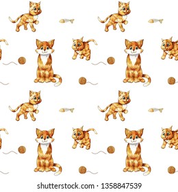 Kids seamless pattern with cute sitting colorful cats. Thoughtful doodle orange kittens isolated on white background. Texture for textile, wrapping paper, wallpaper, background