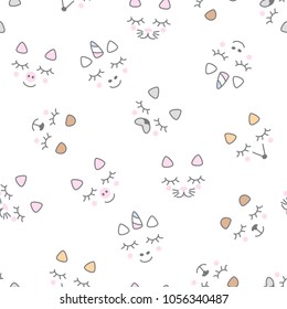 Kids seamless pattern with cute sleeping animals. Unicorn, kitty, teddy bear, pig, puppy, fox. Vector.