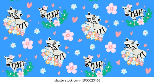 Kids seamless pattern with cute sleeping baby zebra and raccoon  on a blue background. Children wallpaper for playroom and bedroom.