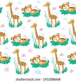 Los niños tienen un patrón impecable con tigre y jirafa adorables. Papel pintado para niños en la sala de juegos y el dormitorio.