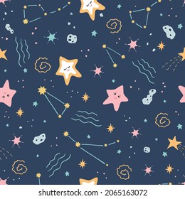 Kids Seamless pattern with  Cute stars, constellations, dark night sky, meteorite. Good night. Vector illustration dark blue, blue, yellow, pink colour. Doodle style