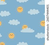 Kids seamless pattern with cute suns and clouds on blue background. Boho weather. Vector illustration.