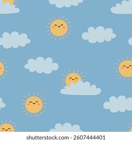 Kids seamless pattern with cute suns and clouds on blue background. Boho weather. Vector illustration.
