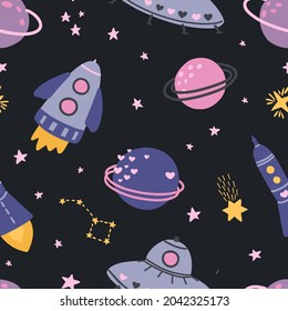 Kids seamless pattern with cute vector clipart in scandinavian style. Digital paper, seamless background texture for textile, fabric, wallpaper