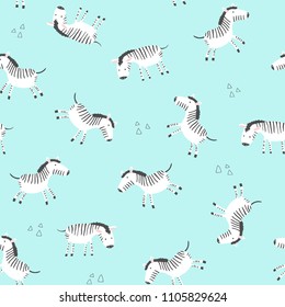 Kids seamless pattern with cute zebras on a blue background in a doodle style. Vector illustration.