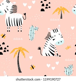 Kids seamless pattern with cute zebras, palm trees and cacti on a pink background. Funny vector illustration.