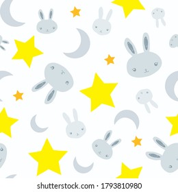 Kids seamless pattern design with grey bunnies, cute rabbits, yellow stars and moon on white background. Perfect for fabric, textile, kids fashion. Surface pattern design.