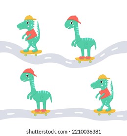 Kids seamless pattern with dino boy driving on skateboard