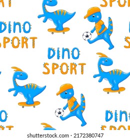 Kids seamless pattern with dinosaurs in cap play basketball football and driving on skateboard