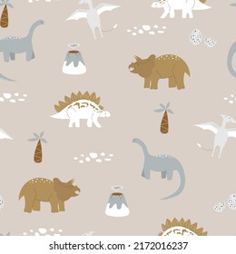 Kids seamless pattern with dinosaurs. Cartoon flat animals. Creative baby print with dino in Scandinavian style. Vector background in pastel trendy colors. Cute dino. Bohemian textile and wallpaper