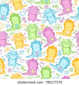 Kids seamless pattern with dinosaurs and funny doodle. Cute background with dino, flowers, leaves, cloud, hearts, crown, egg, hearts and more smiles. 