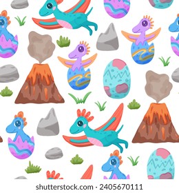 Kids seamless pattern with dinosaurs and volcano