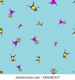Kids seamless pattern in doodle style. Vector illustration on color background.