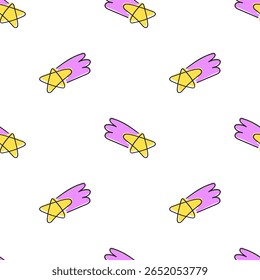 Kids seamless pattern with falling stars. Cute vector hand drawn design. Illustration o white background.