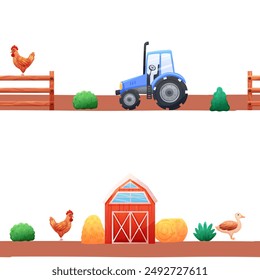 Kids seamless pattern with farm house, tractor and chicken