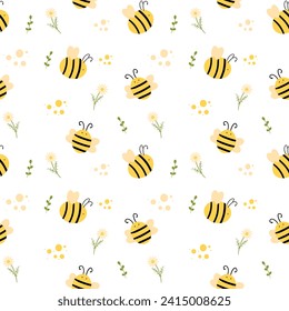 Kids seamless pattern with flowers, bees, leaves, branches on white background. Vector illustration, cartoon style. 