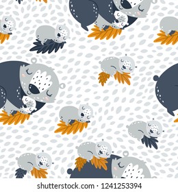 Kids seamless pattern with forest animals Vector baby background with bears Good night collection