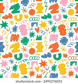 Kid's seamless pattern with funky geometric shapes drawn with color crayons. Various bold scribble forms and basic shapes, stars, clouds and squiggles. Naive playful wallpaper in retro cartoon style.