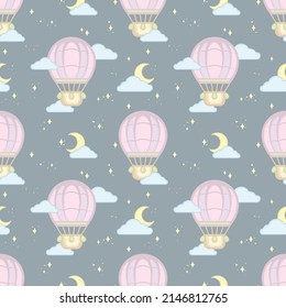 Kids seamless pattern with funny cartoon stylized hot air balloon, flying at night in the sky, surrounded clouds and stars for textile, wallpaper or wrapping paper