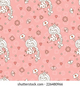 Kids seamless pattern. Funny cartoon princess. Pink background.