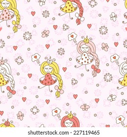Kids seamless pattern. Funny cartoon princess.Valentines background.