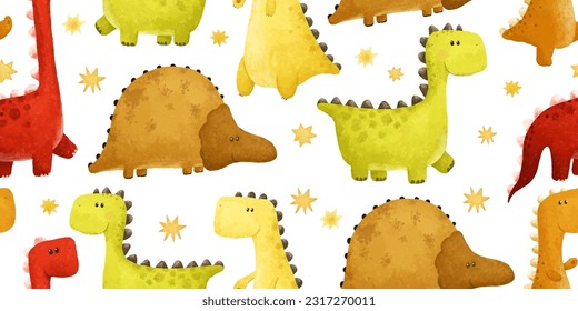 kids seamless pattern with funny colored dinos, dinosaur endless textile, repeate design