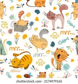 Kids seamless pattern with funny, cute cats, cat food and fish,cat paws on a white background. Vector illustration. Children's textiles