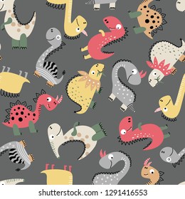 Kids seamless pattern with funny dinosaurs on gray background. Child drawing style cartoon illustration. Design for fabric, textile, decor. Vector illustration.