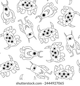Kids seamless pattern with funny monsters in hand drawn doodle style