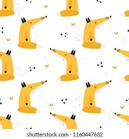 Kids seamless pattern with funny red foxes on a white background. Vector illustration in a cartoon style.