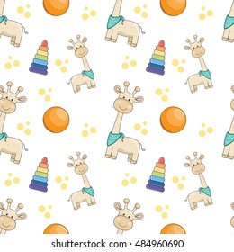 Kids seamless pattern with giraffes. Pattern for children with pyramids.