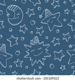 Kids seamless pattern. Good night. Cartoon Sun, Moon (Crescent) and Stars