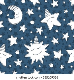 Kids seamless pattern. Good night. Cartoon Sun, Moon (Crescent) and Stars
