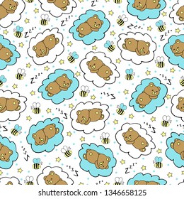 Kids seamless pattern hand drawing. Cute sleeping bears on a cloud, bees, stars. White, blue, yellow colors. Funny and sweet textue design for baby