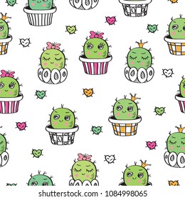 Kids seamless pattern with hand drawn cute cactuses and hearts for textile, wallpapers, gift wrap. Vector illustration.